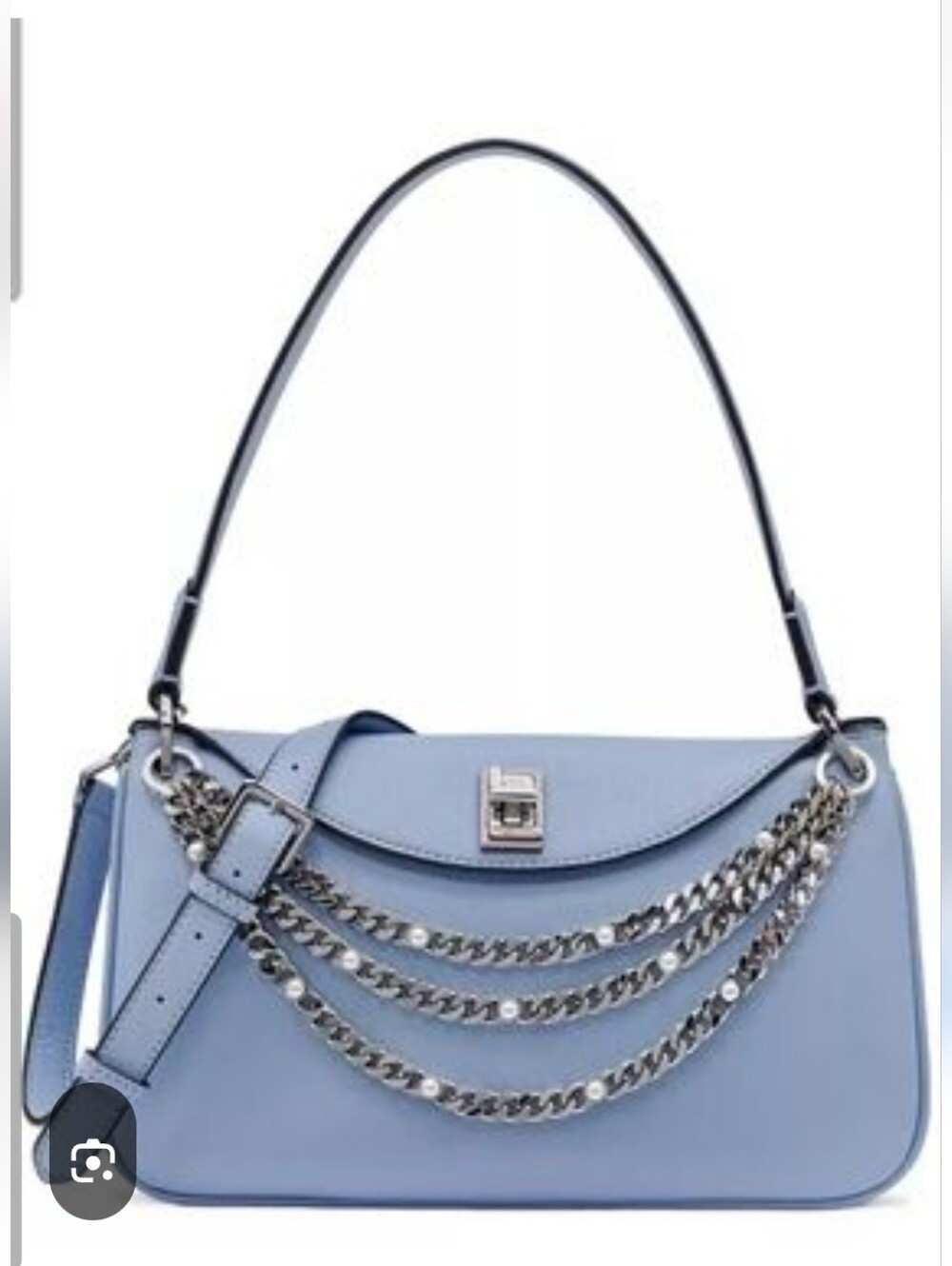 Karl Lagerfeld Powder Blue Shoulder Bag with Silver Chain And Pearl Accents NWT